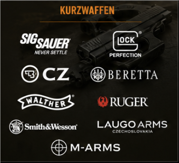 Kurzwaffen – Marken: SIG Sauer, Glock, CZ, Beretta, Walther, Ruger, Smith & Wesson, Laugo Arms, M-Arms