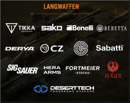 Langwaffen – Marken: Tikka, Sako, Benelli, Beretta, Derya, CZ, Steyr, Sabatti, SIG Sauer, Hera Arms, Fortmeier, Ruger, Desert Tech