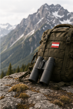 Jagdrucksack mit österreichischer Flagge in den Bergen